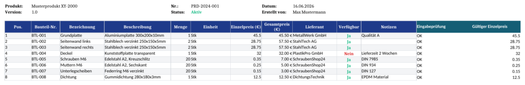 Stücklistenpositionen und Eingabeprüfung — Vorschau der überarbeiteten Excel-Datei, 19. Oktober 2026